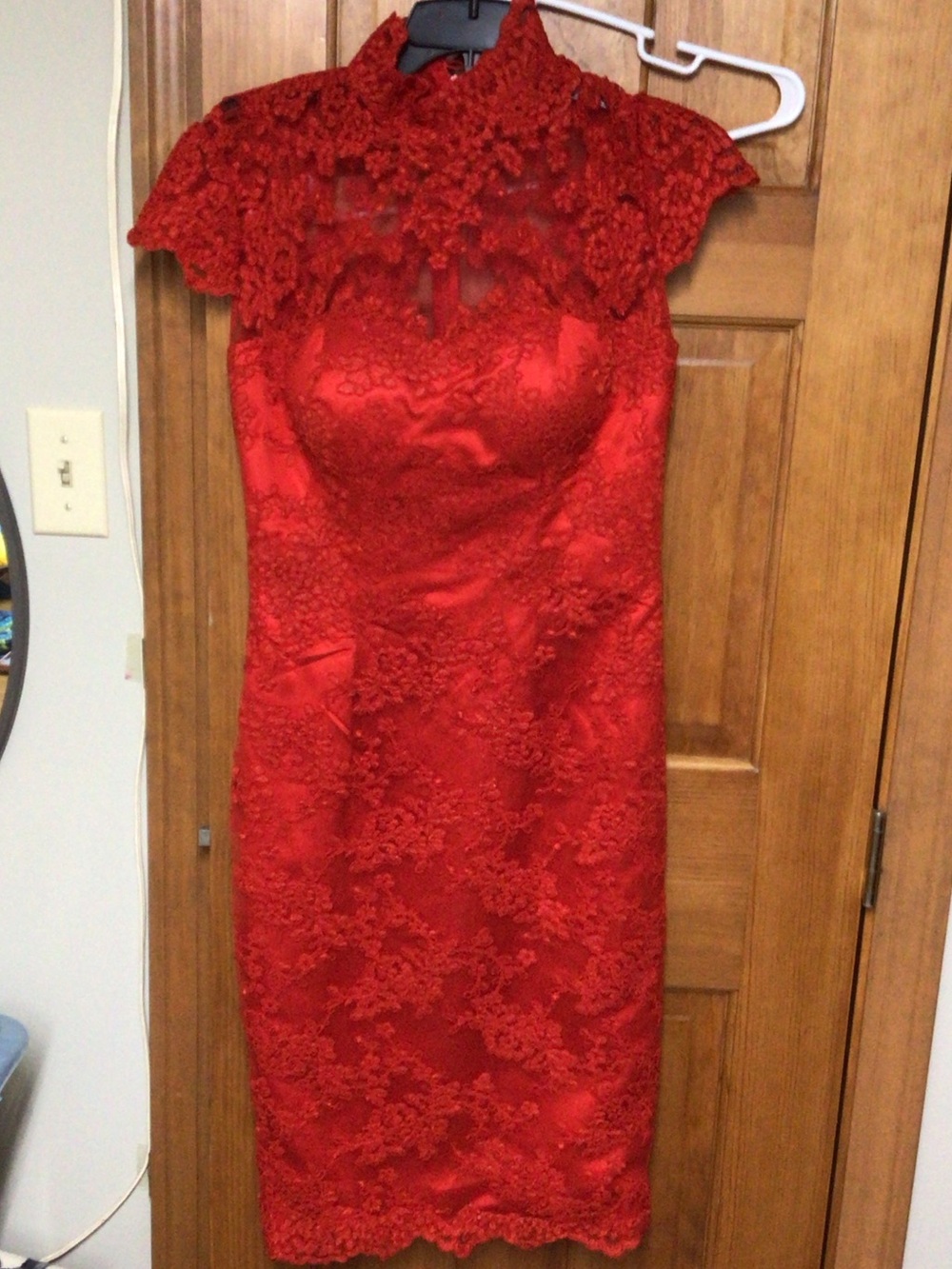 Red Lace High-Neck Sheath Dress